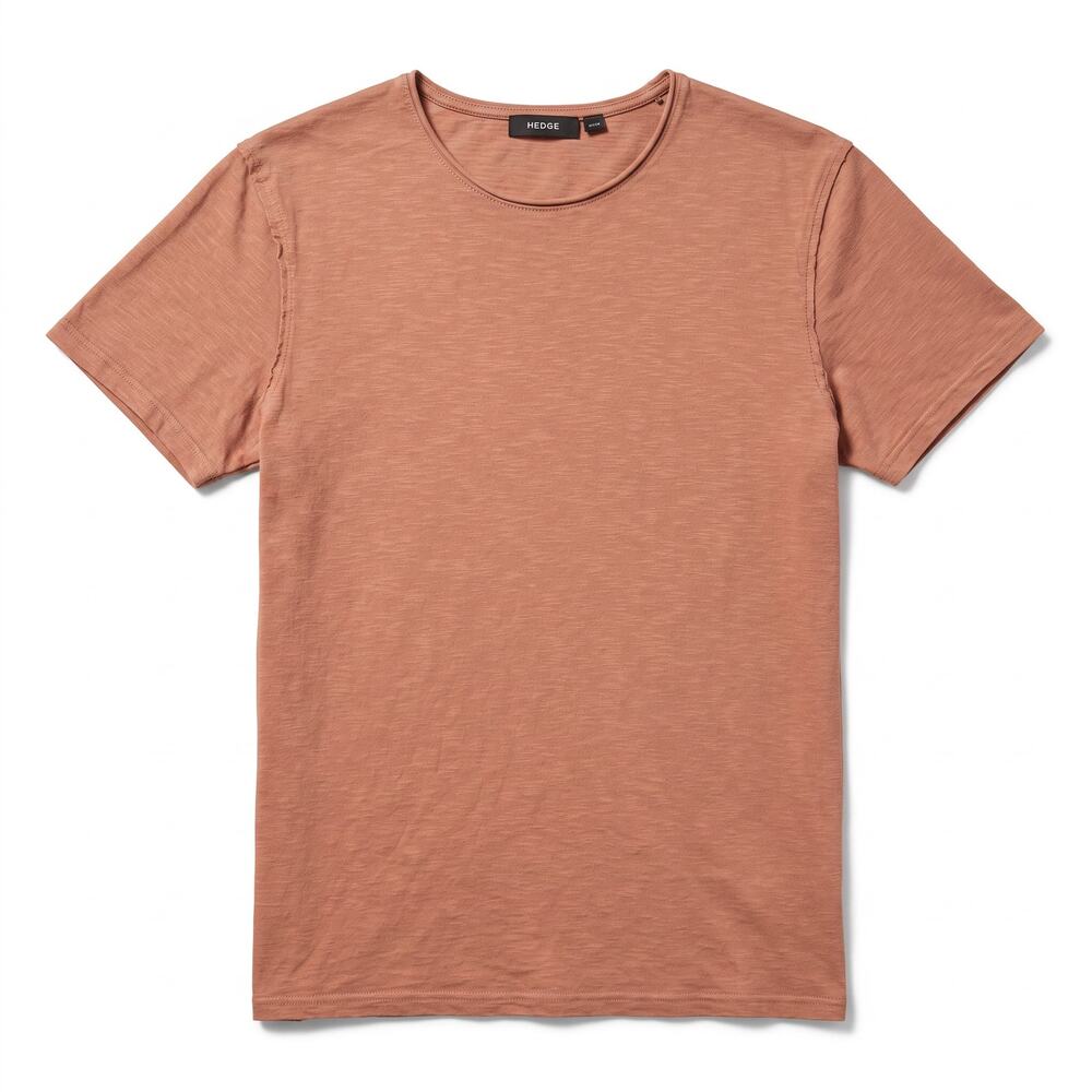 Hedge Brand Crew Neck Raw Edge Mens Small Burnt Orange Brown T-Shirt 100% Cotton
